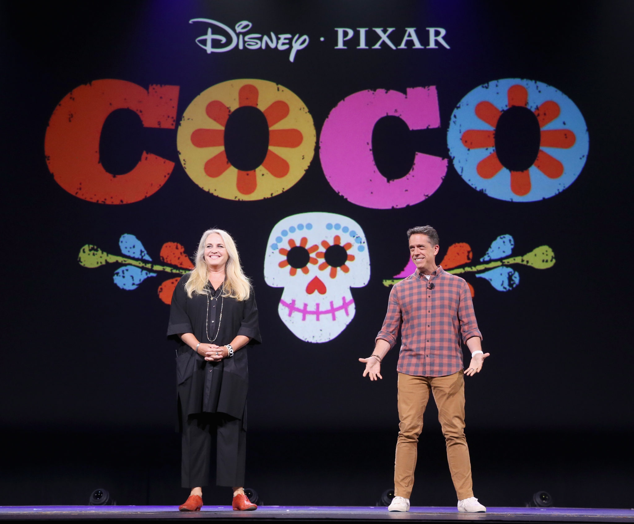 ANAHEIM, CA - AUGUST 14: Producer Darla K. Anderson (L) and director Lee Unkrich of COCO took part today in "Pixar and Walt Disney Animation Studios: The Upcoming Films" presentation at Disney's D23 EXPO 2015 in Anaheim, Calif. (Photo by Jesse Grant/Getty Images for Disney) *** Local Caption *** Lee Unkrich; Darla K. Anderson
