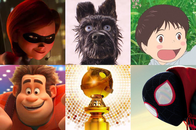 The animation nominees at the 76th Golden Globes: 'Incredibles 2', 'Isle of Dogs', 'Mirai', 'Ralph Breaks the Internet', and 'Spider-Man: Into the Spider-Verse'.