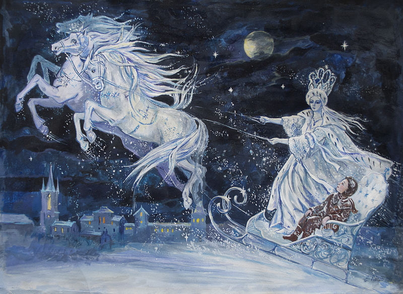 The Snow Queen flies over the town in this illustration by Elena Ringo