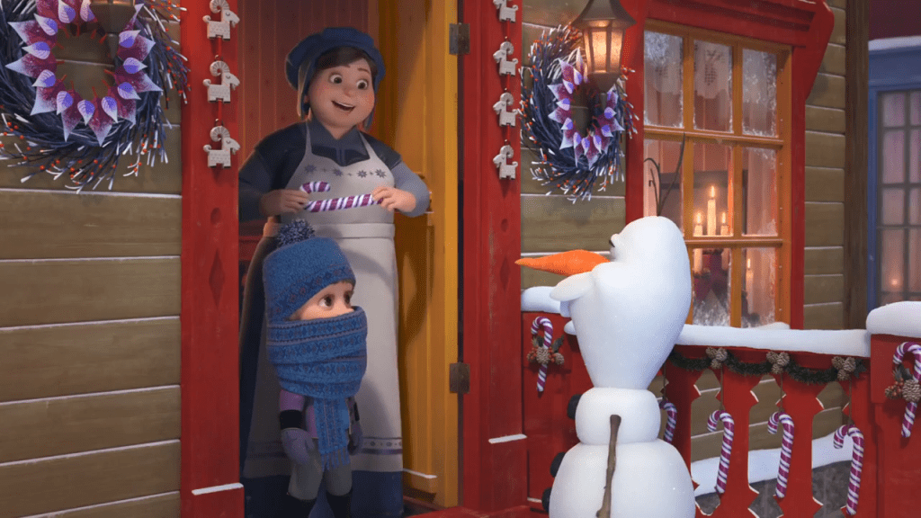 Olaf going door to door in Olaf's Frozen Adventure
