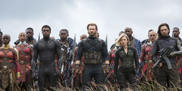 Okoye, T'Challa, Steve Rogers, Natasha Romanoff, and Bucky Barnes on the front lines in Wakanda